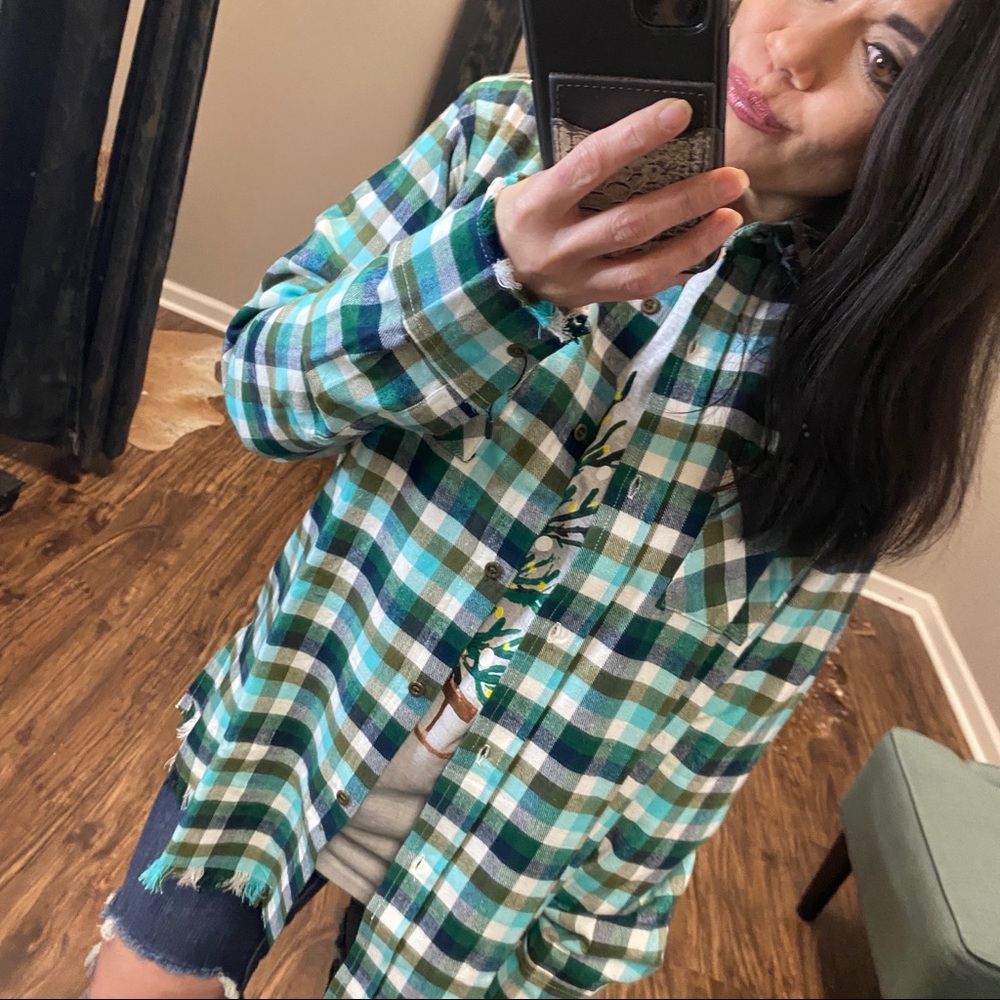 SMALL Turquoise Navy Plaid Flannel
